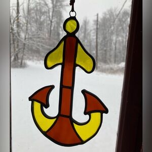 Red Stained Glass Yellow / Nautical Ships Anchor Hanging Sun Catcher